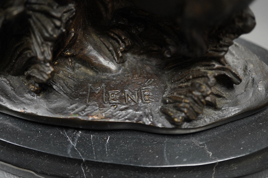 After Pierre-Jules Mene (1810-1879), a bronze hunting group on marble base, 18cm